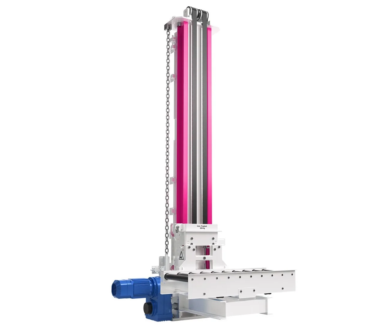 Hubsystem für präzise vertikale Bewegung und Positionierung Vertikales Hubsystem mit Antrieb und Führung für präzise Positionierung in Fördersystemen